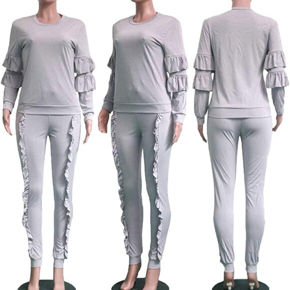 Casual Elegance: Puff Sleeve Top & Ruffle Pants Sweatsuit for Women - XX-Large - Picture 6 of 6